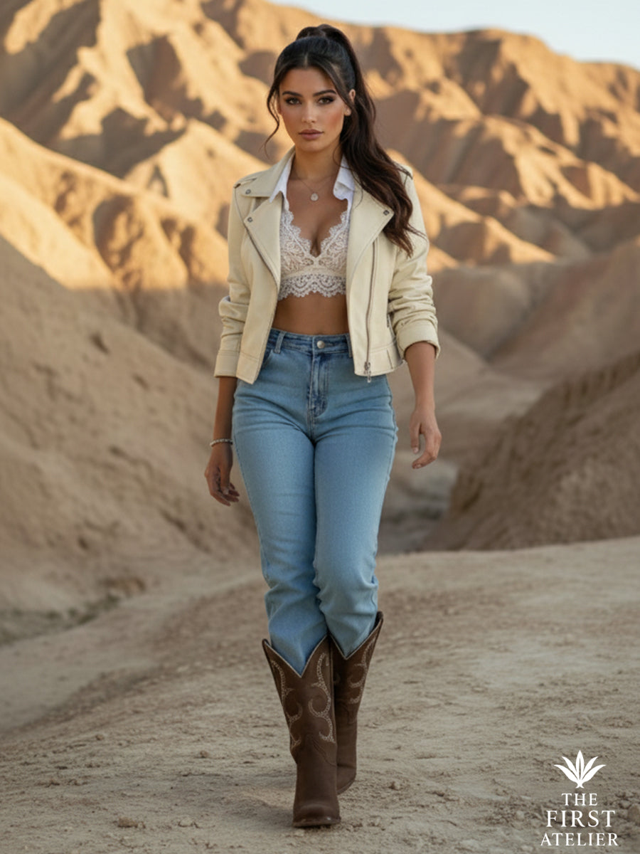 Denim and silk blouse styled with La Ruta del Altiplano Boot among wind-shaped dunes — modern western, Atelier No. 27.