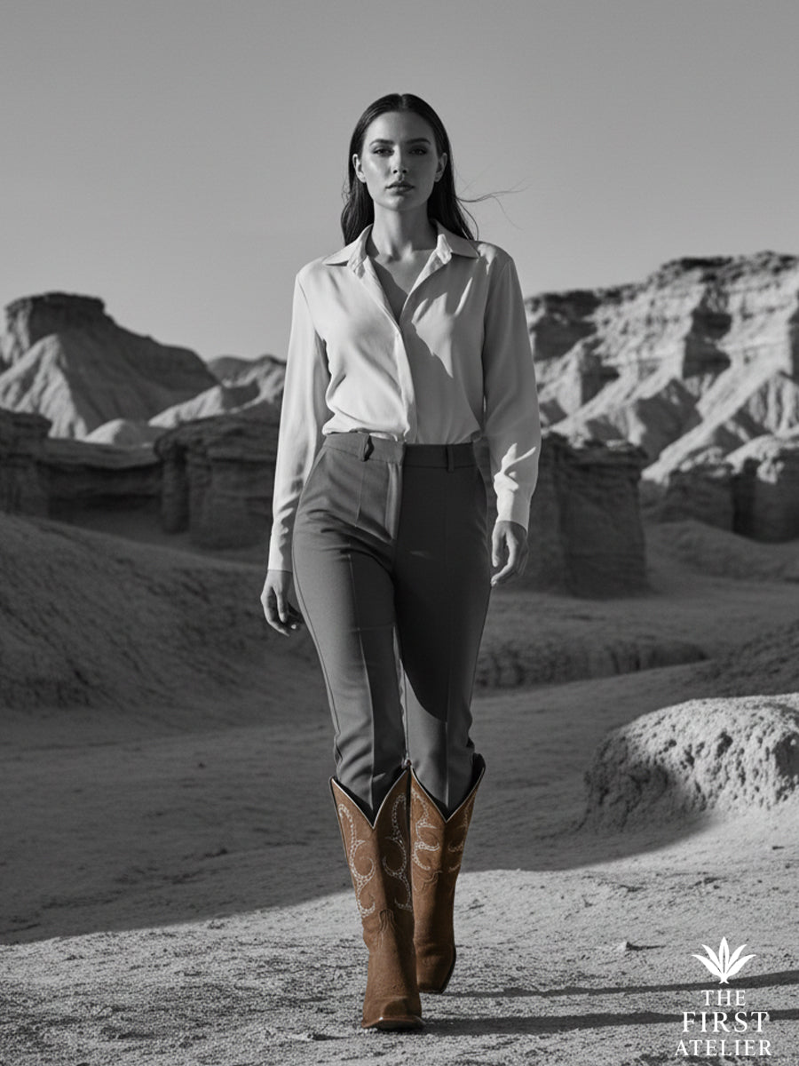 Black-and-white desert portrait — tailored shirt and La Ruta del Altiplano Boot, timeless poise, Atelier No. 27.