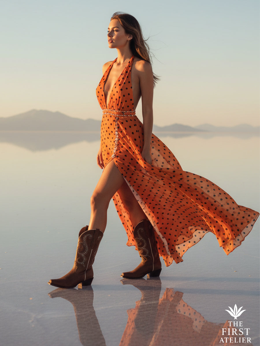 Woman in an orange dress walking by reflective water wearing La Ruta del Altiplano Boot — high-plain horizon energy, Atelier No. 27.