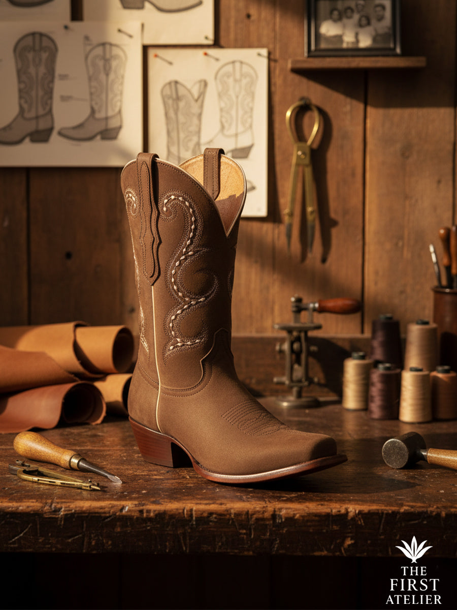 La Ruta del Altiplano Boot on an artisan workbench with sketches and tools — tribute to Mexican craftsmanship, Atelier No. 27.