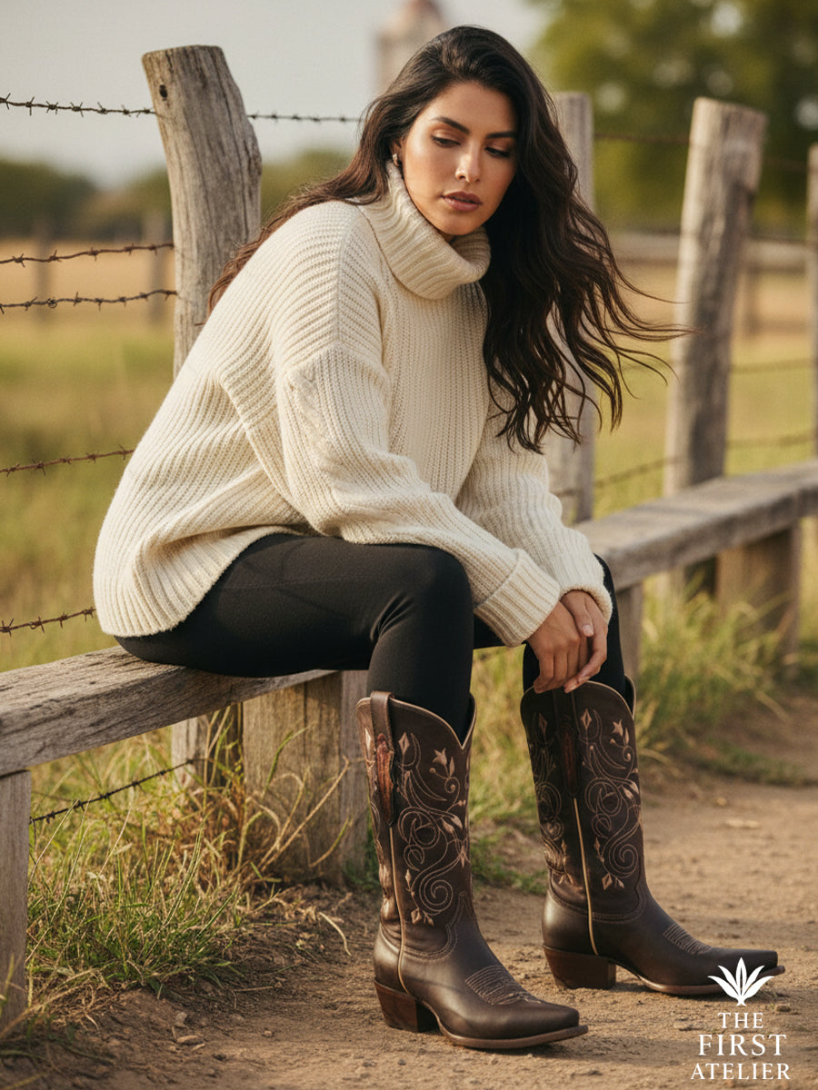 Woman seated by a rustic wooden fence in the countryside wearing the La Senda Firme Boot in deep brown leather, showcasing the embroidered western shaft and relaxed, confident posture, Atelier No. 32.
