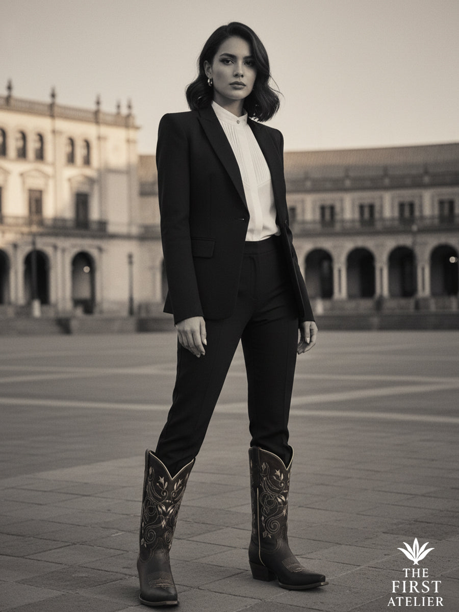 Black-and-white editorial portrait of a woman wearing tailored suiting and the La Senda Firme Boot, emphasizing a refined western silhouette with quiet authority, Atelier No. 32.

