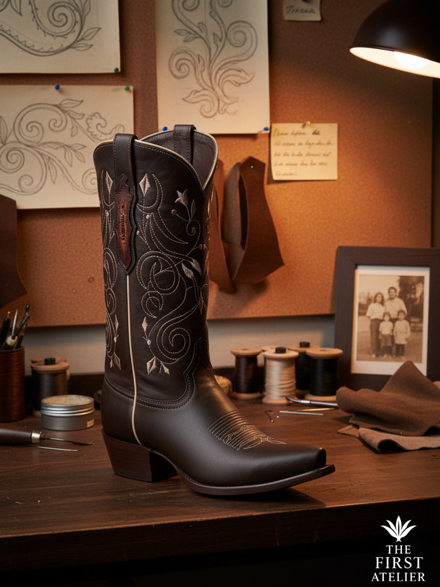 Close-up of the La Senda Firme Boot on an artisan’s workshop desk, revealing tonal embroidery, leather texture, and hand-drawn design sketches, Atelier No. 32.
