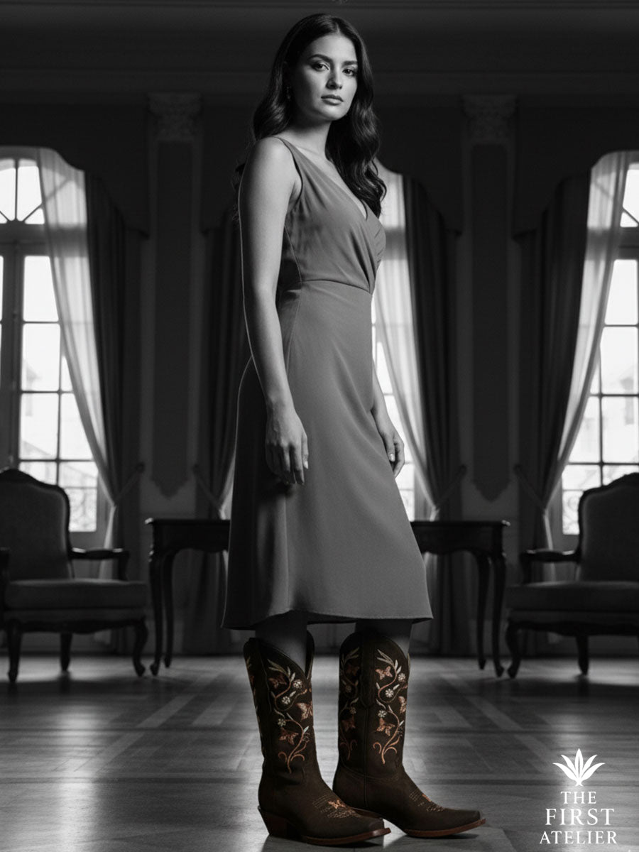 Black-and-white portrait of a woman in a flowing dress wearing La Mariposa Nocturna Boot — evoking timeless elegance and mystery, Atelier No. 6.
