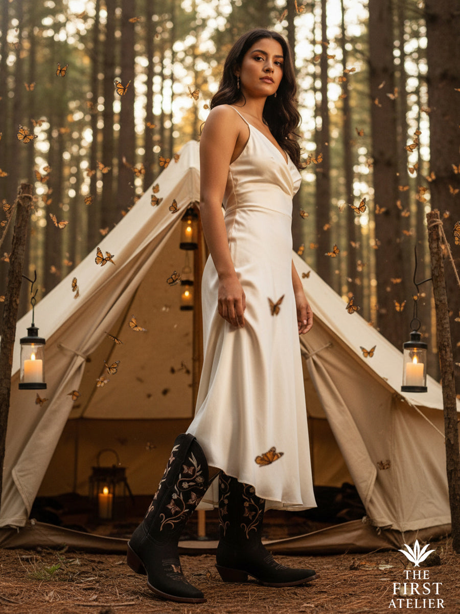 Elegant woman in a silk white dress standing before a tent under forest lights, wearing La Mariposa Nocturna Boot — black leather boots with butterfly embroidery, Atelier No. 6.
