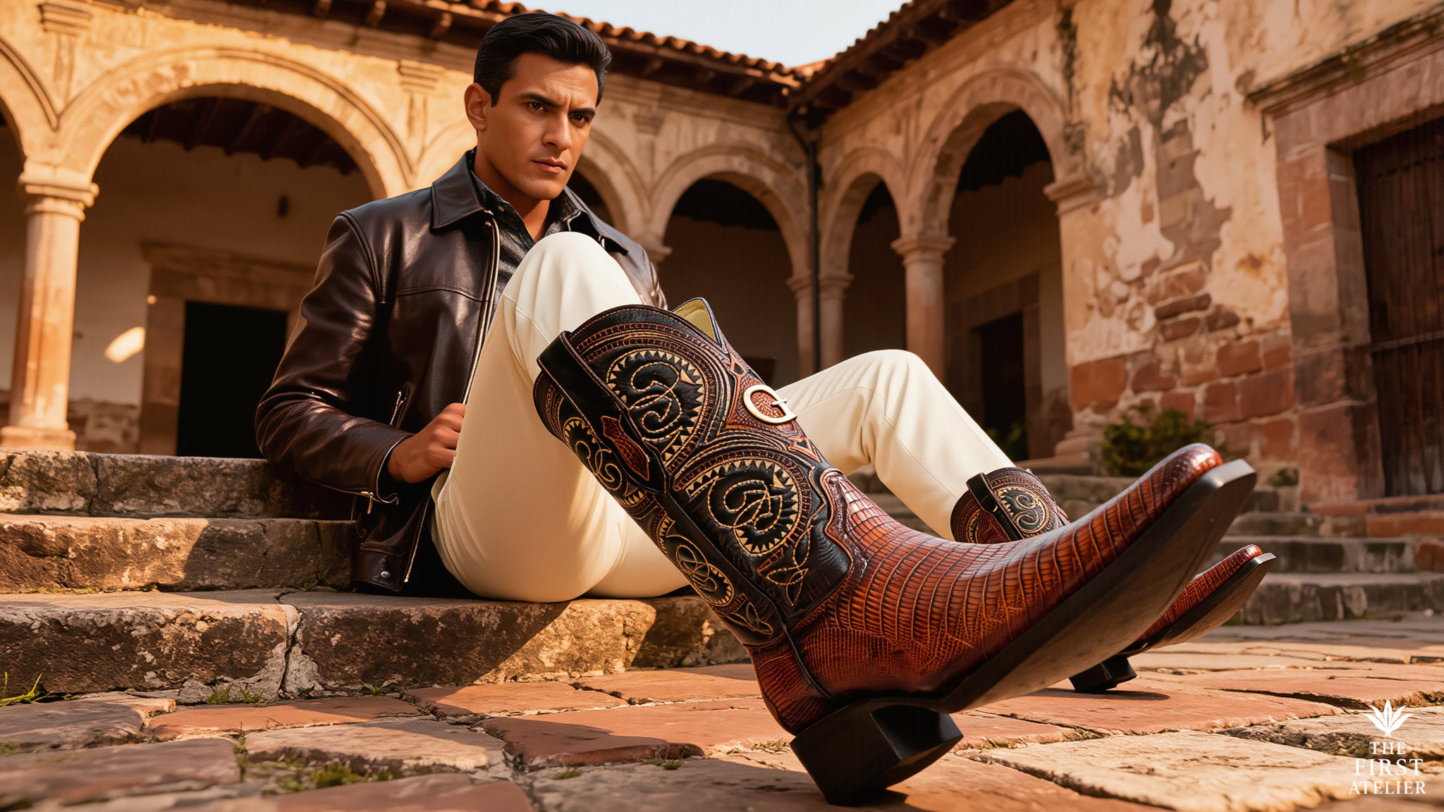 Luxury exotic leather cowboy boots in a Mexican colonial setting, The First Atelier editorial campaign