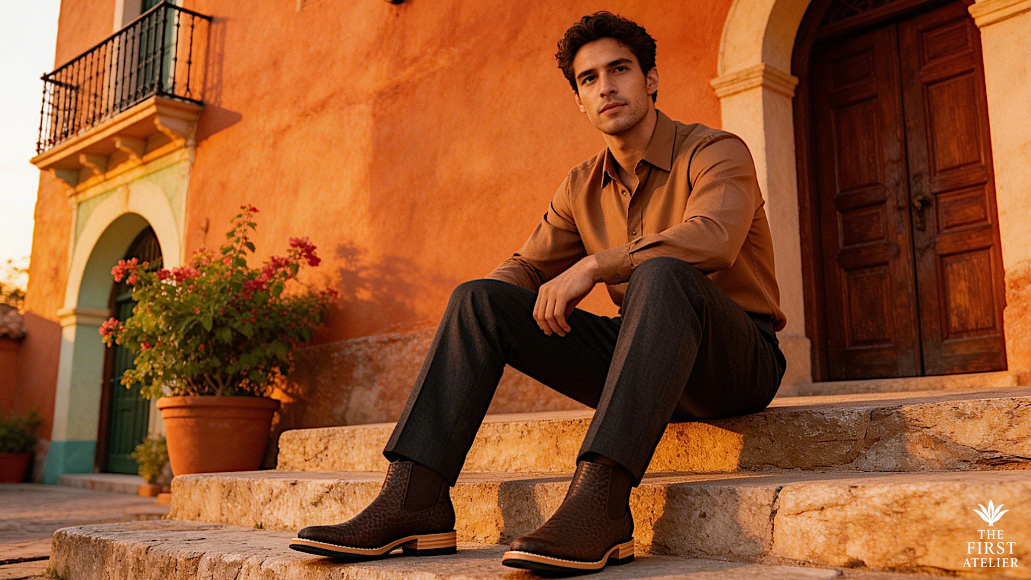 Man sitting on steps in front of a warm-toned building with plants and flowers.