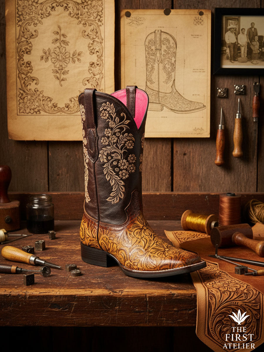 Rosa Talavera boot in workshop with tools, rose petals, and leather tooling strip
