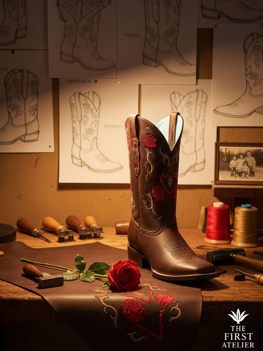 The Rosewood Whisper Boot — handcrafted rosewood leather cowboy boot with red and gold floral embroidery — displayed on an artisan’s workbench surrounded by sketches, tools, and threads under warm studio light, Atelier No. 01.
