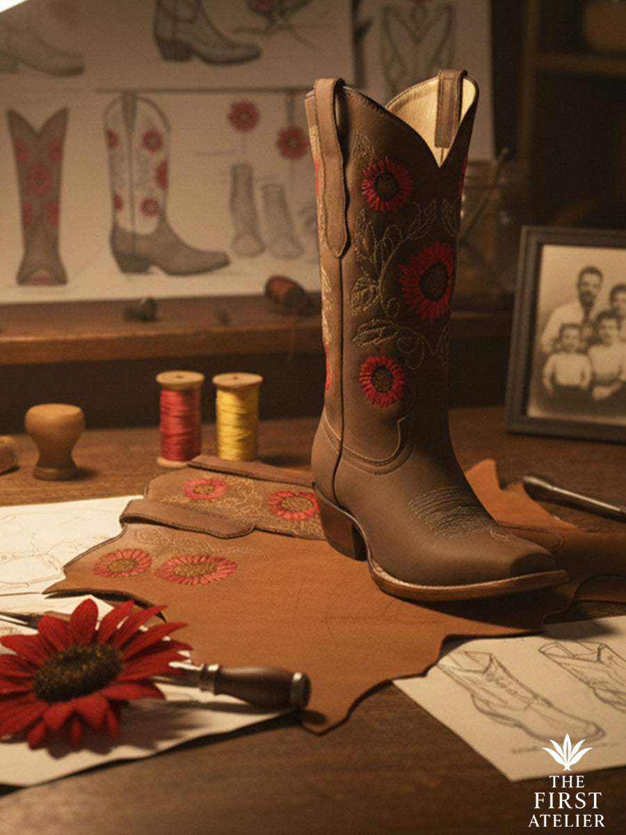 Scarlet Tithonia boot placed on an artisan’s desk beside thread spools, design sketches, and a red sunflower; golden light illuminating the textures of the leather.