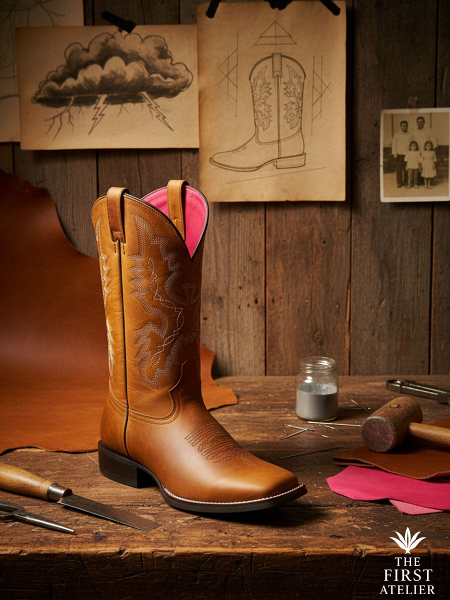 Atelier still-life: Thunder born boot with lightning sketch, leather swatches and tools glowing in late-afternoon window light