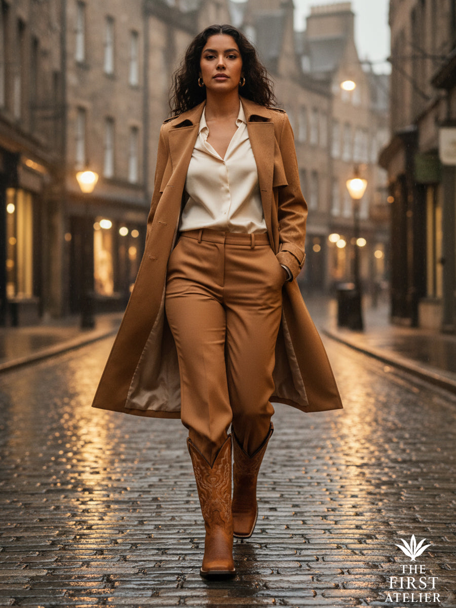Latina in tailored camel suit on a rain-washed old-town street, striding confidently in the Thunderborn boots — quiet luxury mood