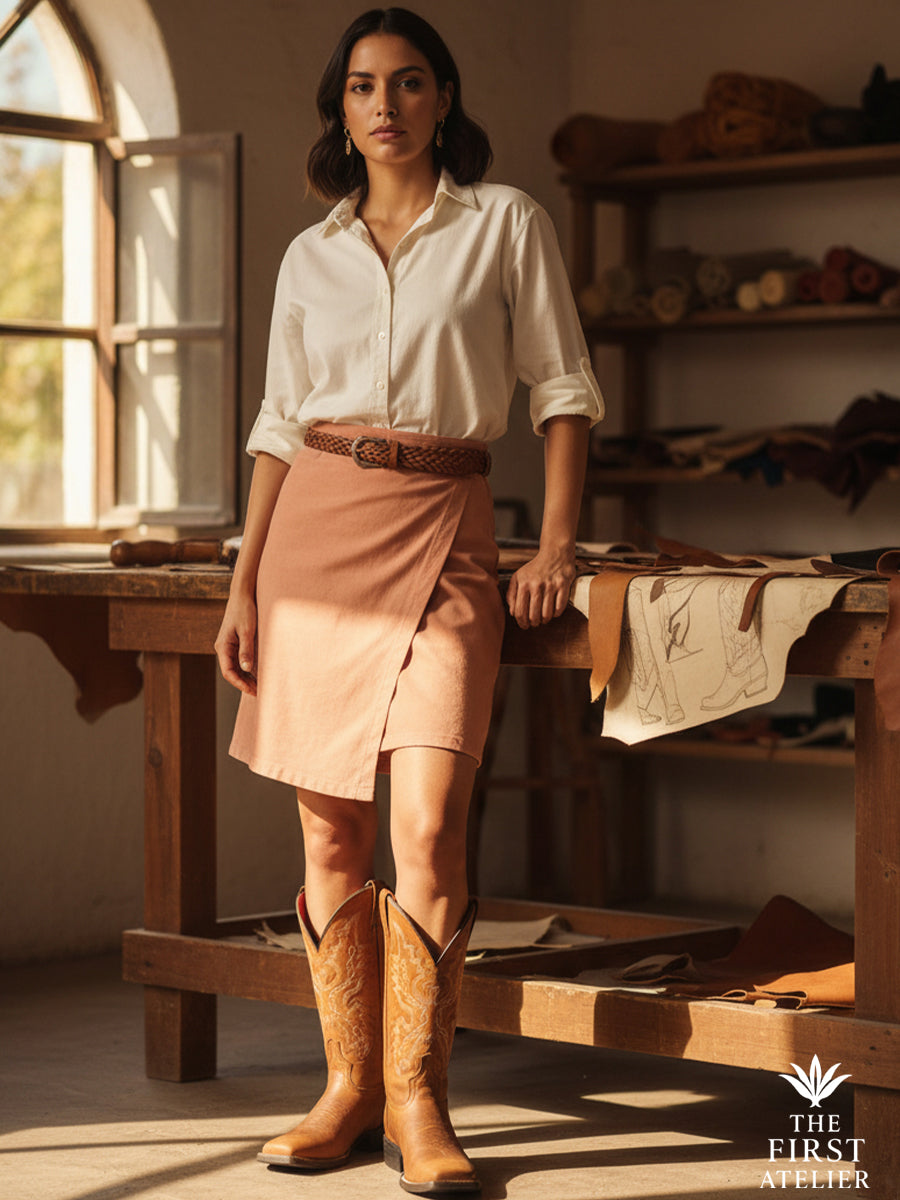 Atelier portrait: designer in ivory blouse and wrap skirt beside the workbench, wearing the Thunder born boots over leather scraps