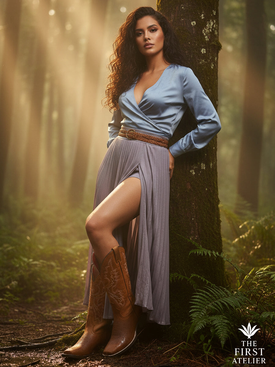 Misty forest after rain; Latin model in powder-blue silk wrap blouse and dusty-lilac skirt leaning on a mossy tree; Thunder born boots catching golden rays