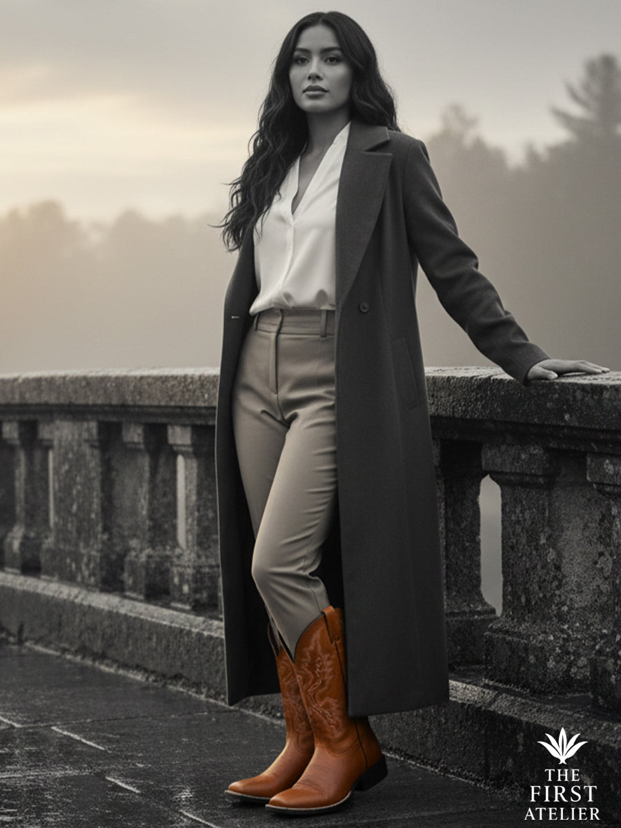 Black-and-white scene on an old stone bridge with the Thunder born boots kept in full honey color; model leaning on the railing after the rain