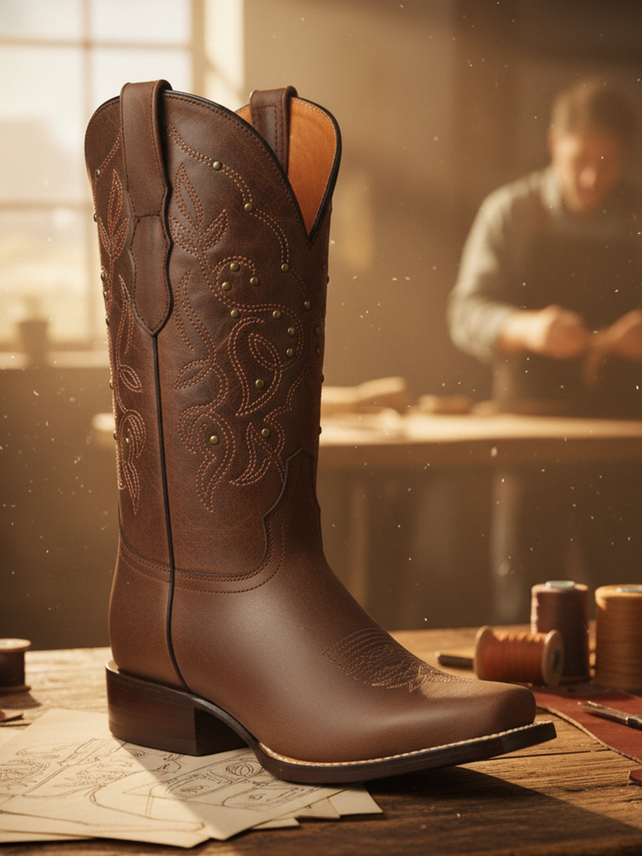 Handcrafted Vienna Olive Crest Boot in artisan workshop, with warm light and leather tools in León, Guanajuato.