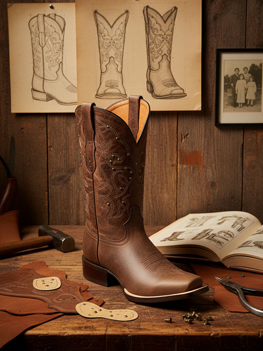 Close-up of Vienna Olive Crest Boot on artisan’s workbench, showing olive embroidery and brass detailing